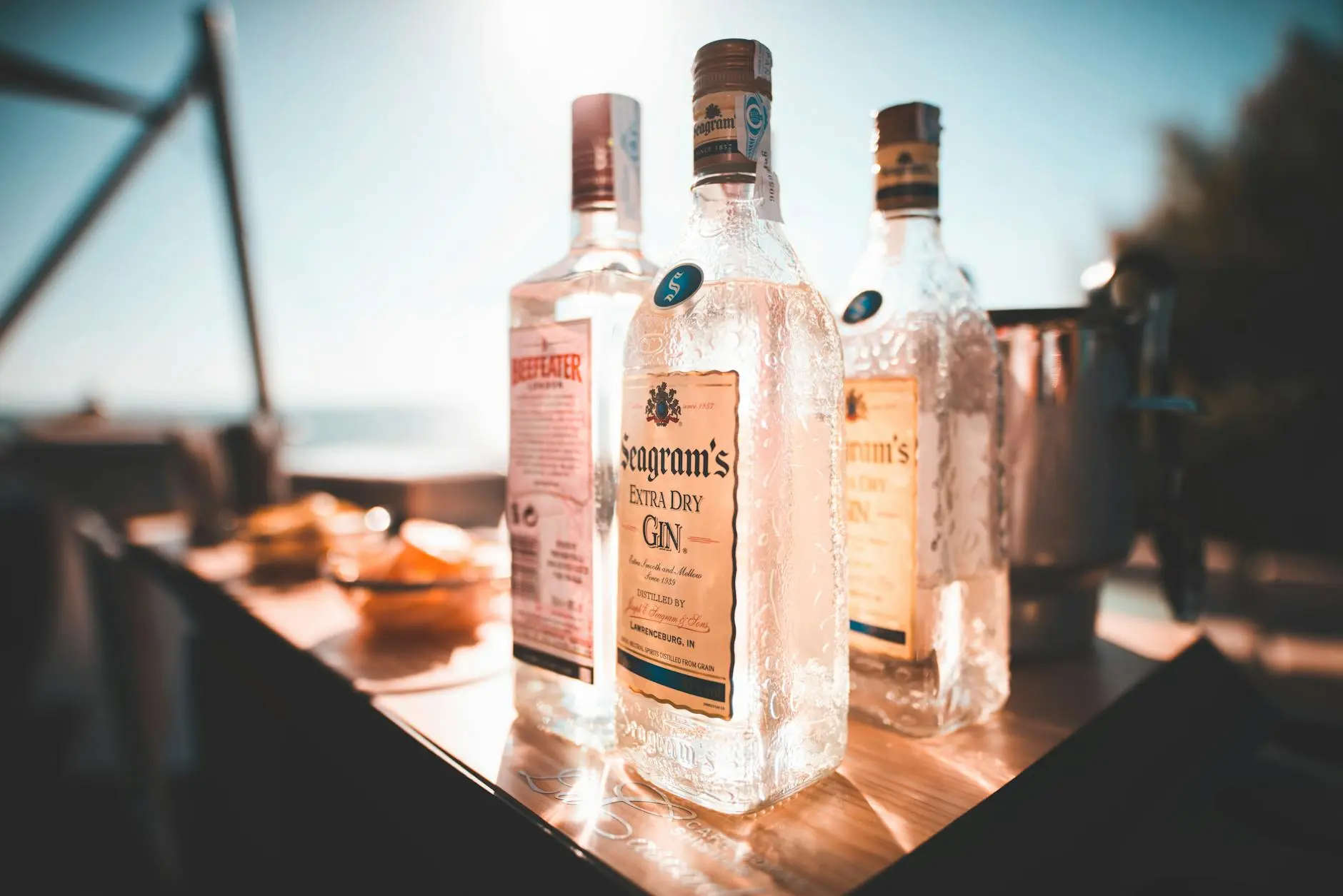 Chilled bottles of gin and vodka on a sunlit outdoor table, ideal for a summer celebration.